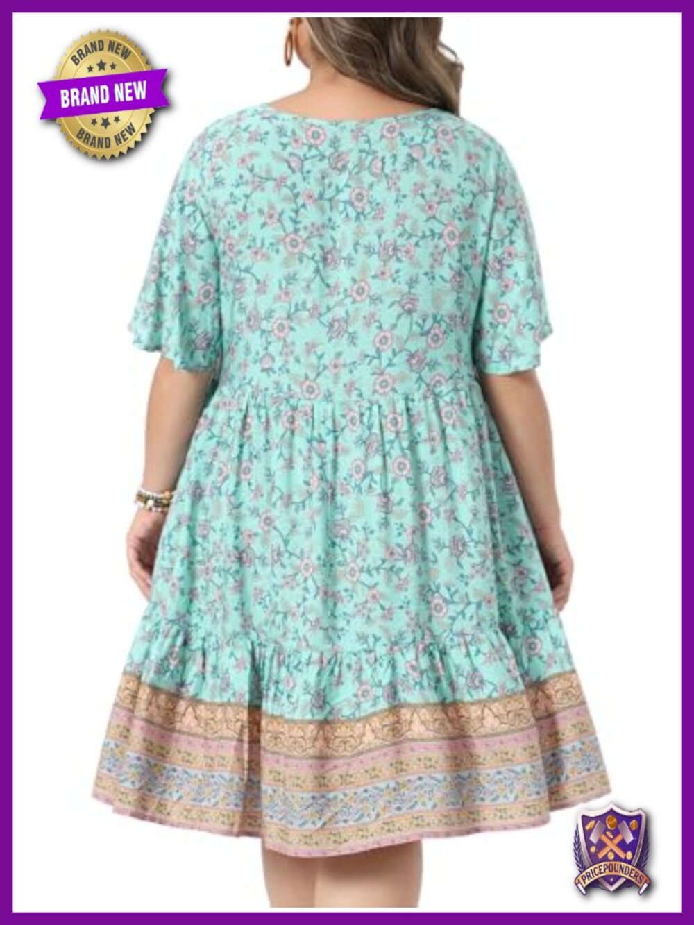 Plus Size Boho Floral Midi Dress Tie Crew Neck Short Sleeve Flowy Beach Sundress - Picture 3 of 5